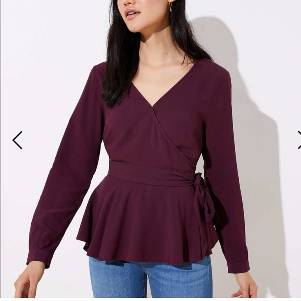 NWOT LOFT purple peplum long sleeve wrap blouse top